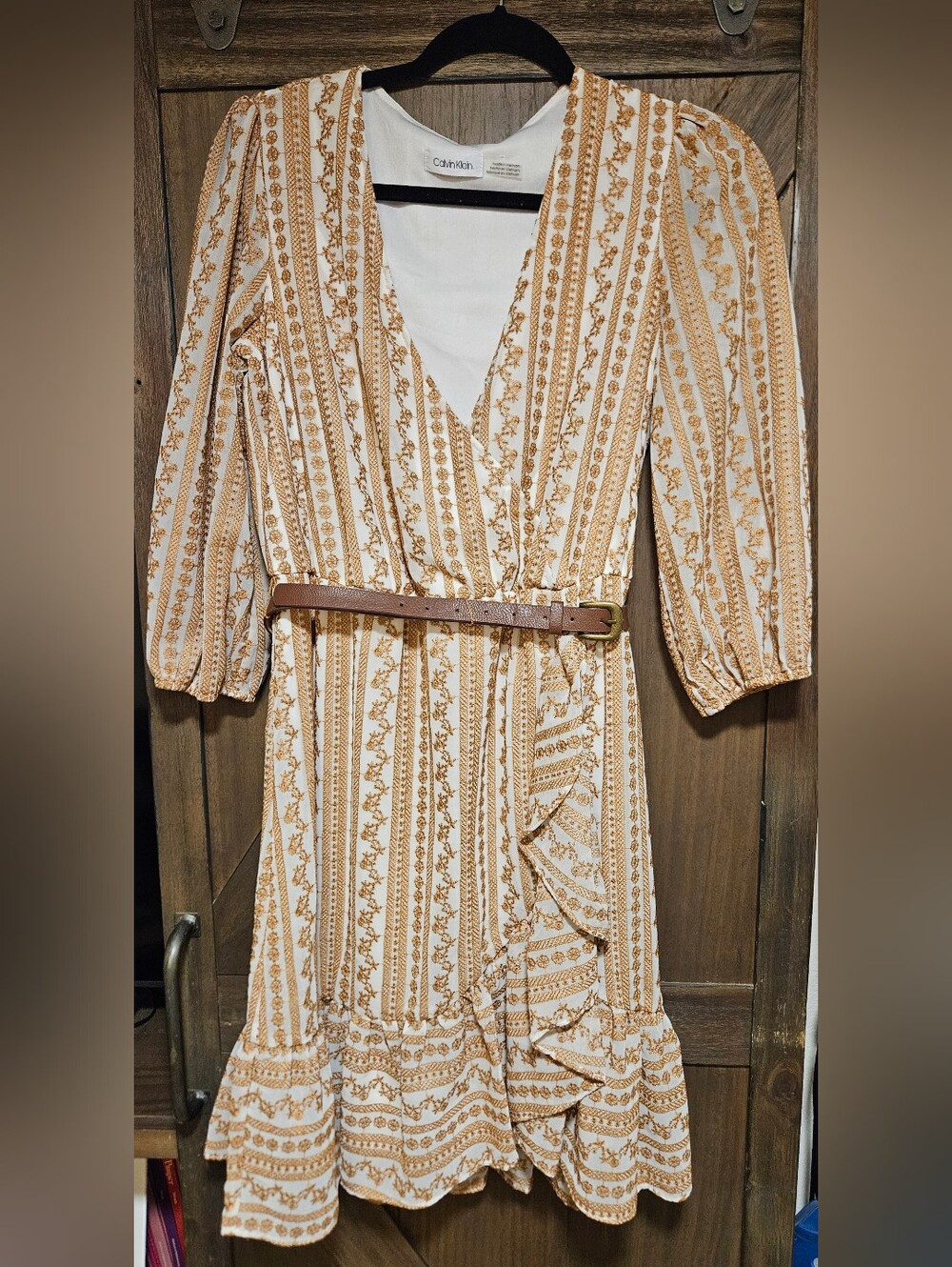 Calvin Klein Embroidered Ruffle Faux Wrap Dress w/ Belt